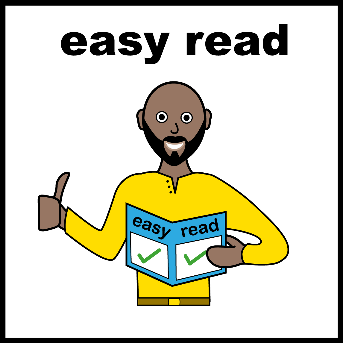 An illustration of a happy man holding an easy read leaflet with his thumbs up.
