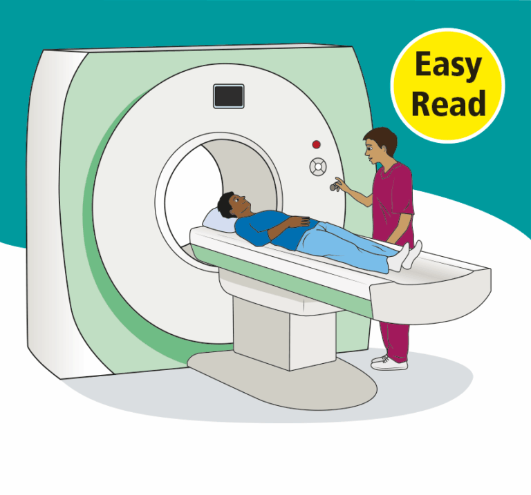 Illustration of a person laying on an MRI scanner with radiographer standing at the side