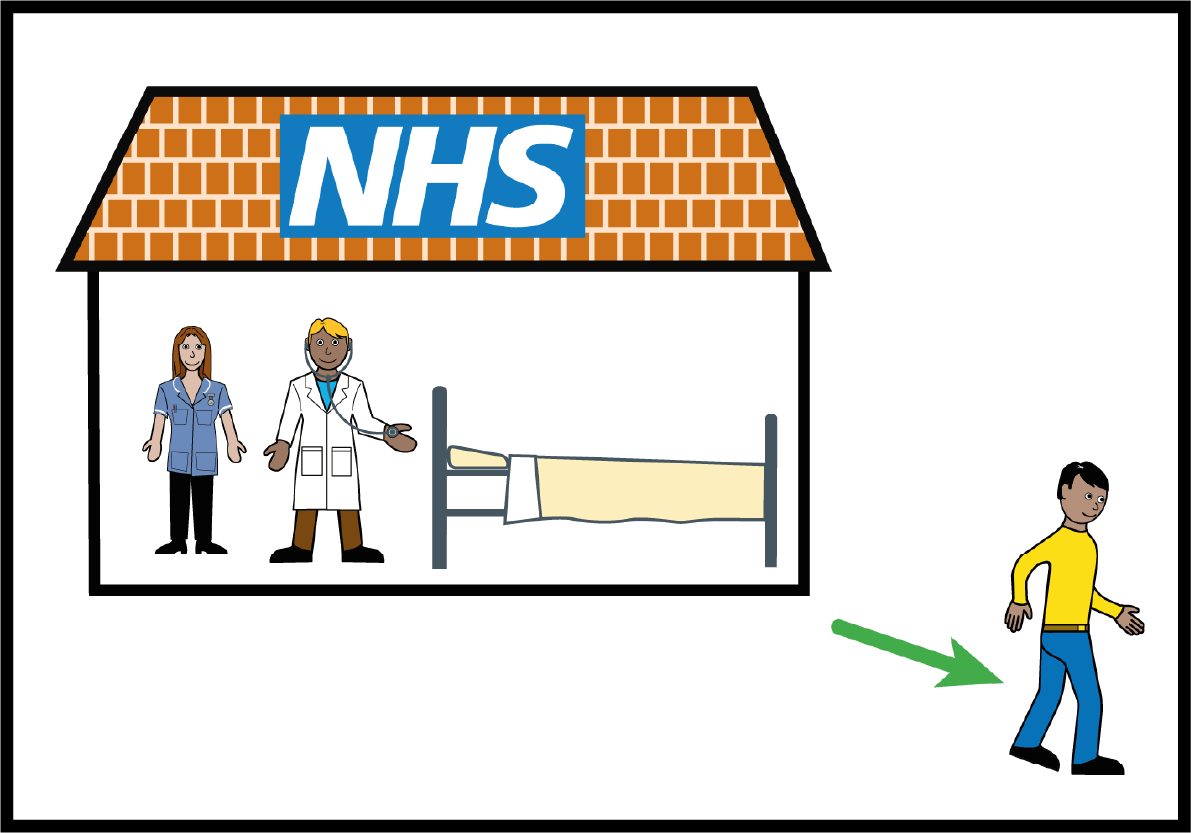 Illustration of hospital with doctors in and a person walking away