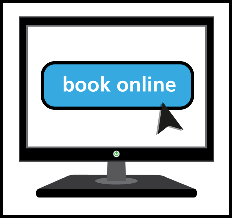Image of a computer with a book online button.