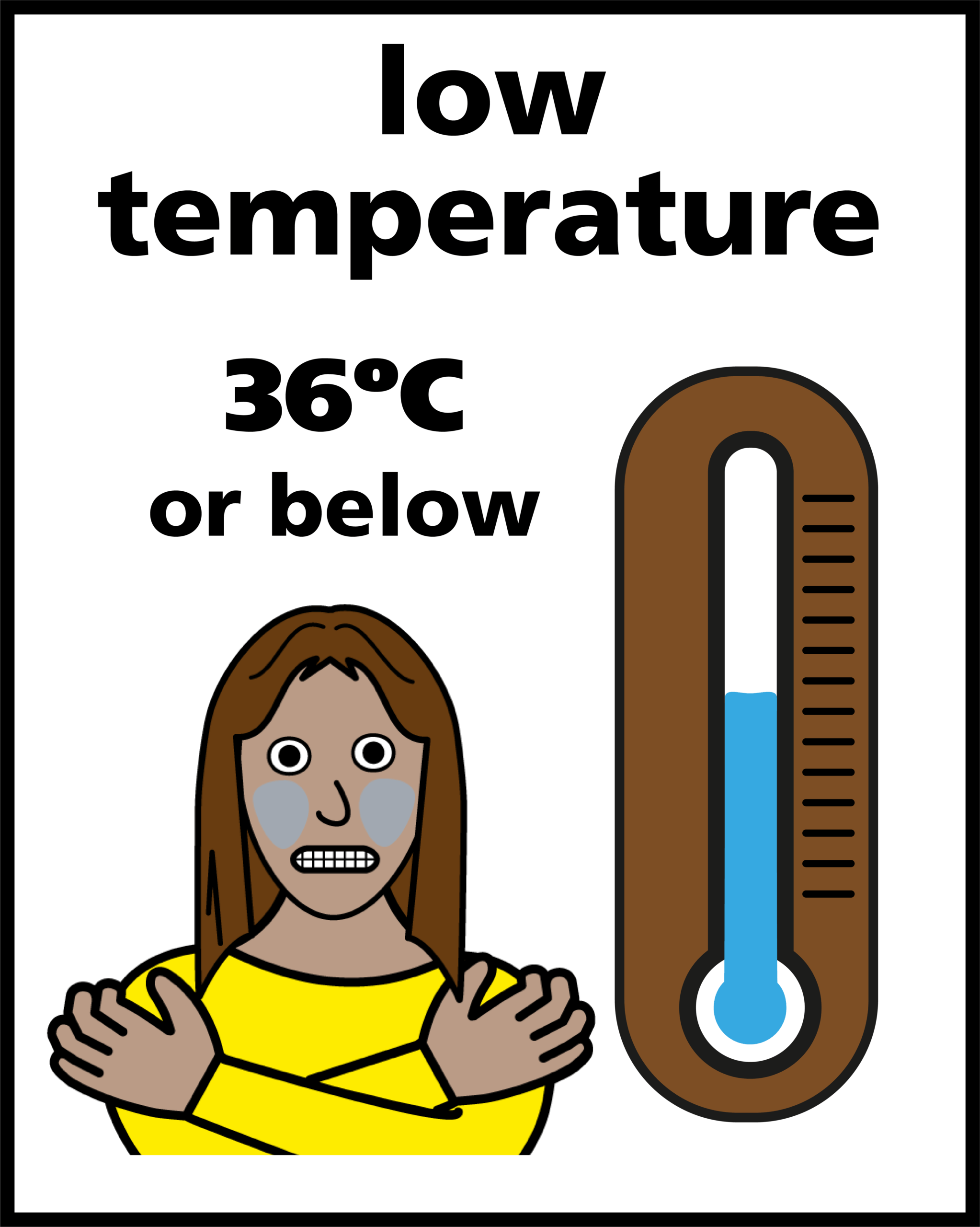 Illustration of a woman who is cold and a thermometer that is 36 degrees celsius or less