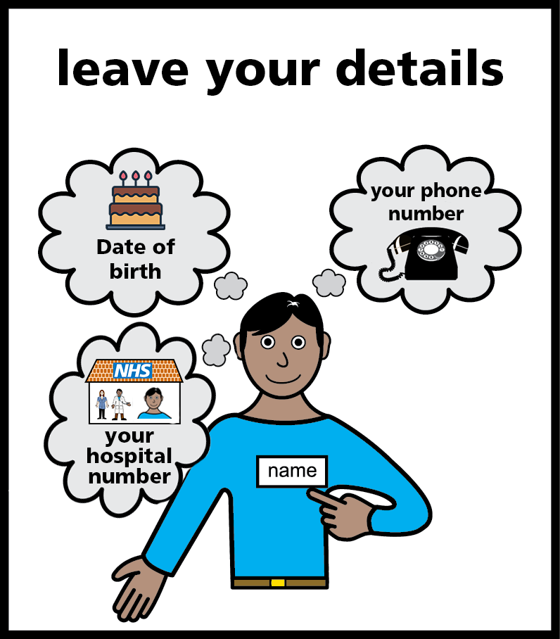 Illustration of a man pointing to a name badge and thought bubbles with a telephone, a birthday cake for die of birth and a hospital for hospital number.