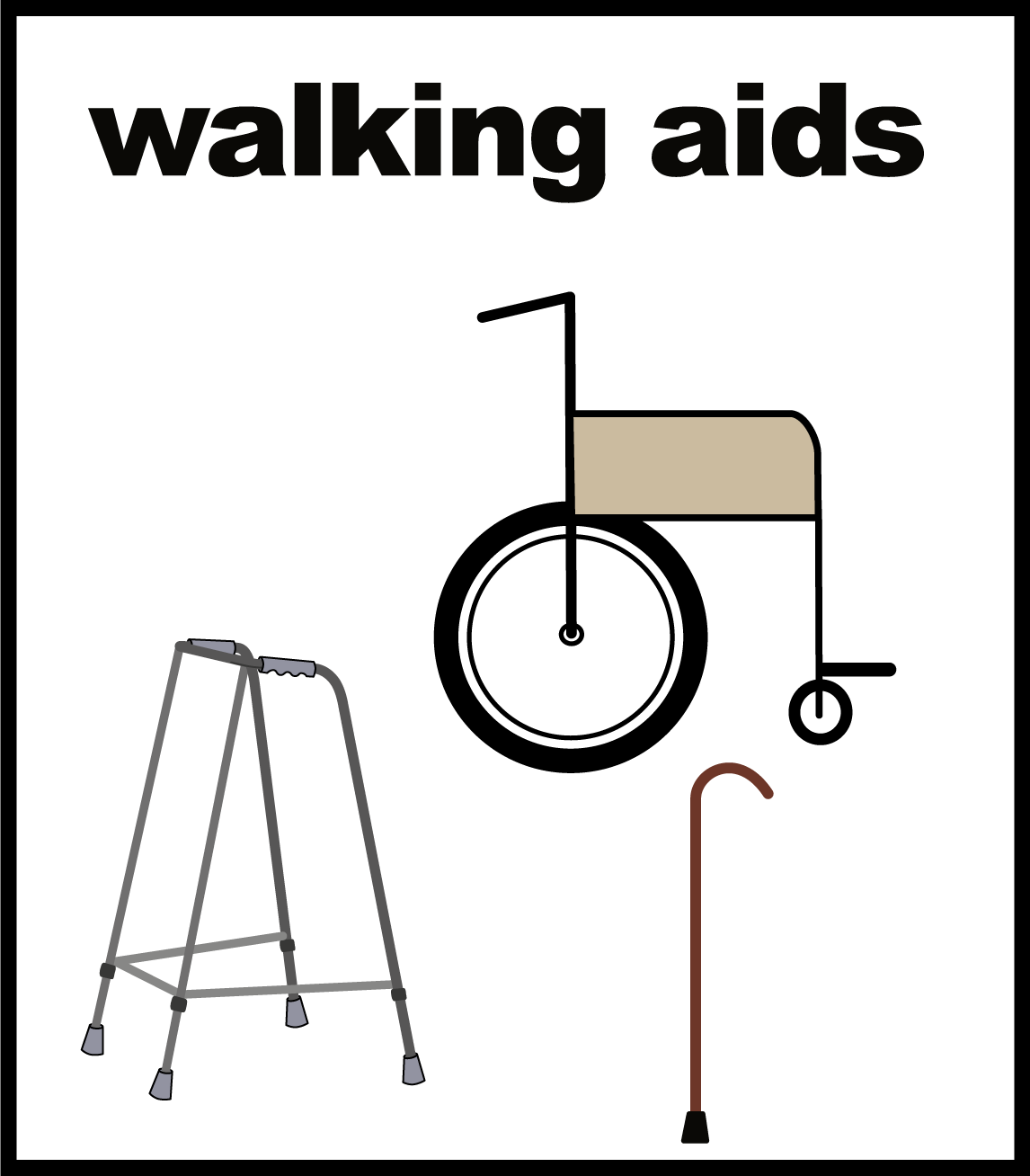 A wheelchair, walking stick and walking frame.
