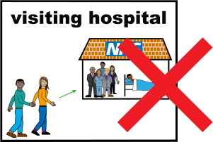 A sign with a red cross and people walking towards a hospital
