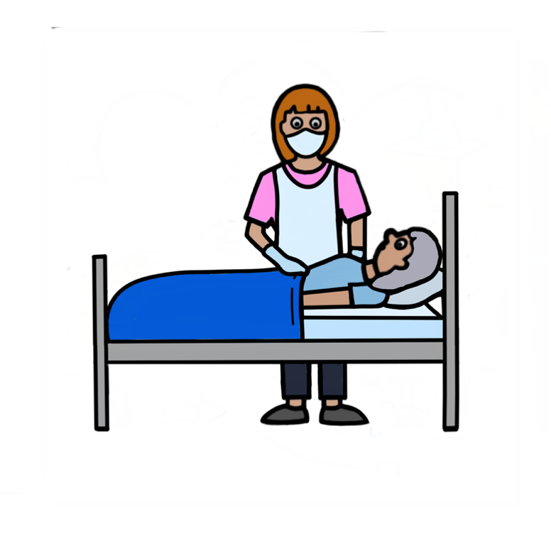A cartoon of a healthcare professional attending a patient that is in bed.