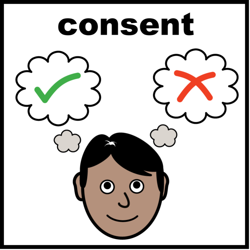 A cartoon of a person with a check mark and a cross in thought bubbles.