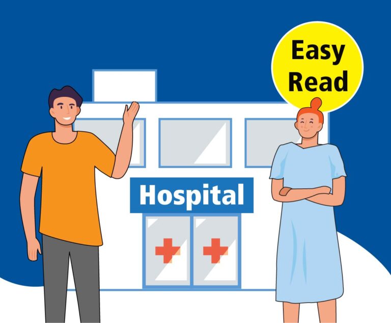 Easy read patient and visitor's booklet cover image . A patient and a visitor outside of a hospital entrance.