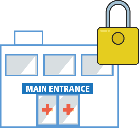 A hospital main entrance with a locked symbol