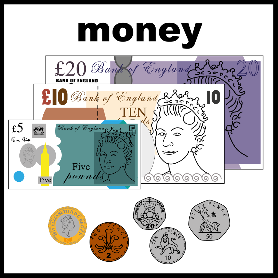A collection of British currency.