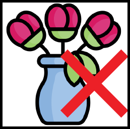 A vase with flowers with a cross through.