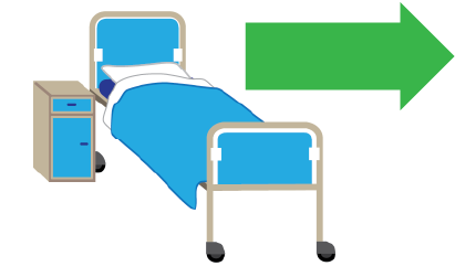 A hospital bed with a green direction arrowing indicating moving wards.