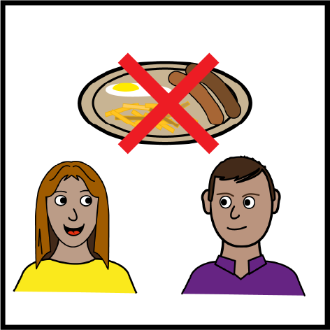 A cartoon of two people with a plate of food that has a cross through it to indicate not to share food.