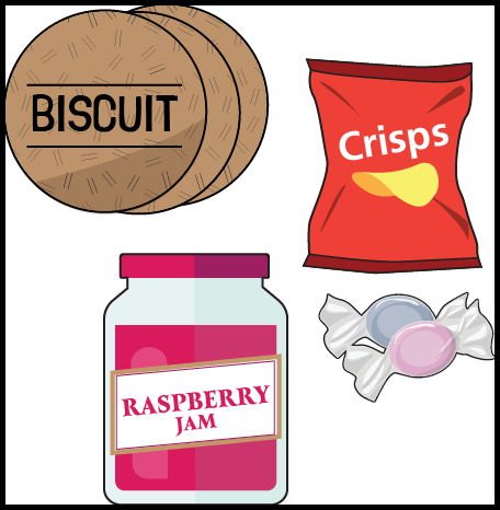 Pictures of biscuits, crisps, raspberry jam and hard boiled sweets.