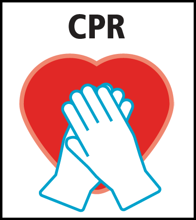 A symbol of two hands together performing CPR over a heart.