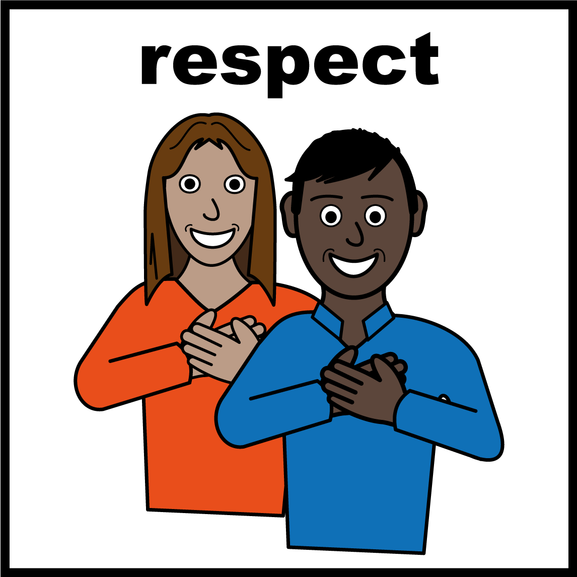 Two smiling people holding their hands over their heart with the word respect above them.