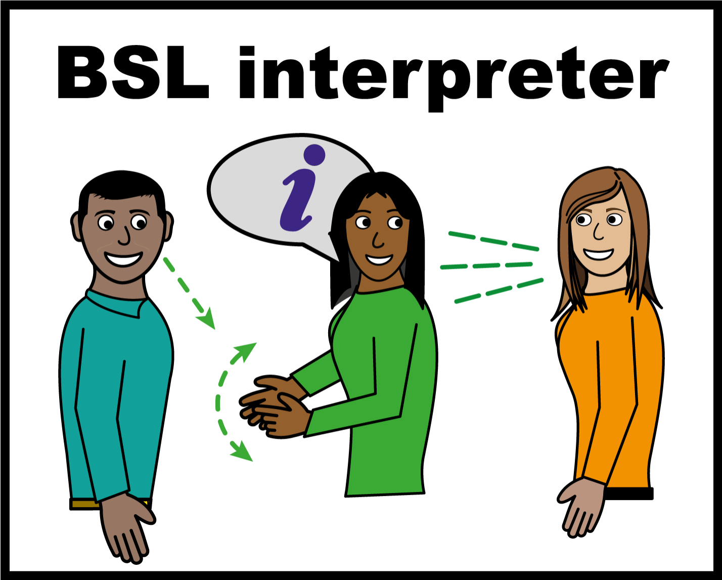 A cartoon of people communicating through the use of a British Sign Language interpreter.