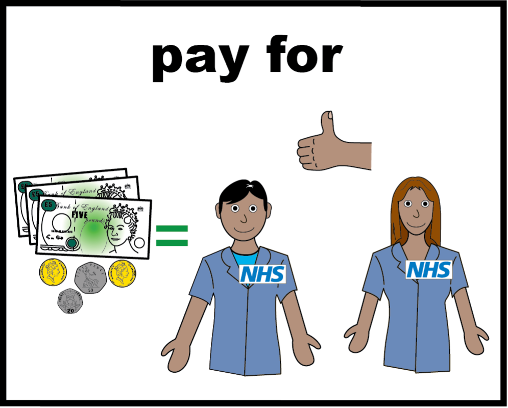 A cartoon of some money, an equals sign and some healthcare workers with a thumbs up. The words ‘pay for’ is written above them.