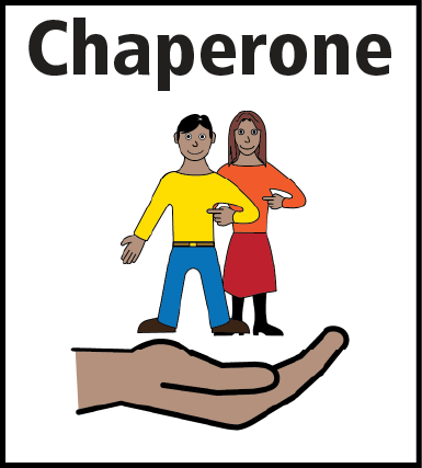 A cartoon of two people linking arms that are being held in the palm of a hand with the word ‘Chaperone’ above them. 