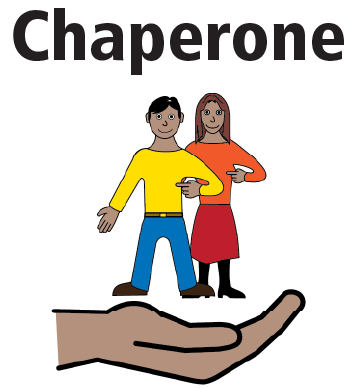A cartoon of two people linking arms that are being held in the palm of a hand with the word ‘Chaperone’ above them. 