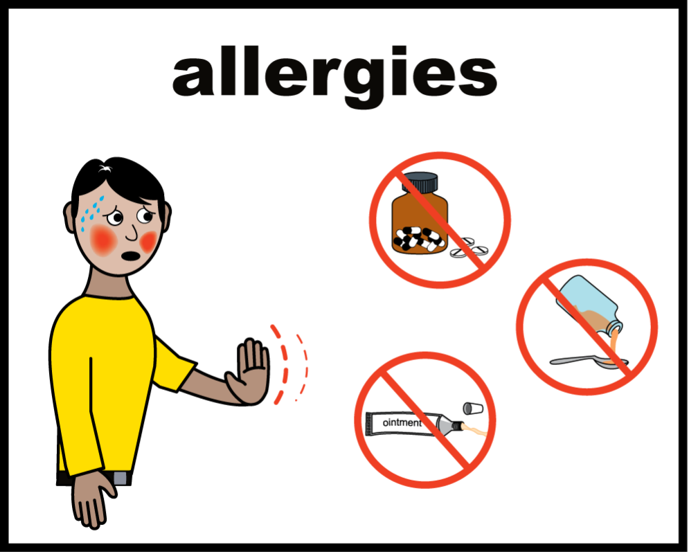 An illustration of somebody with a red face and sweating with a concerned look on their face. They are holding up their hand and there are illustrations of medicines that are crossed out indicating they are allergic
