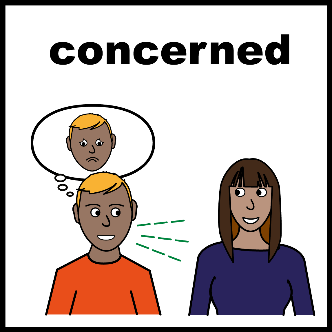 A cartoon of two people, one of them has a concerned face in a thought bubble above their head.