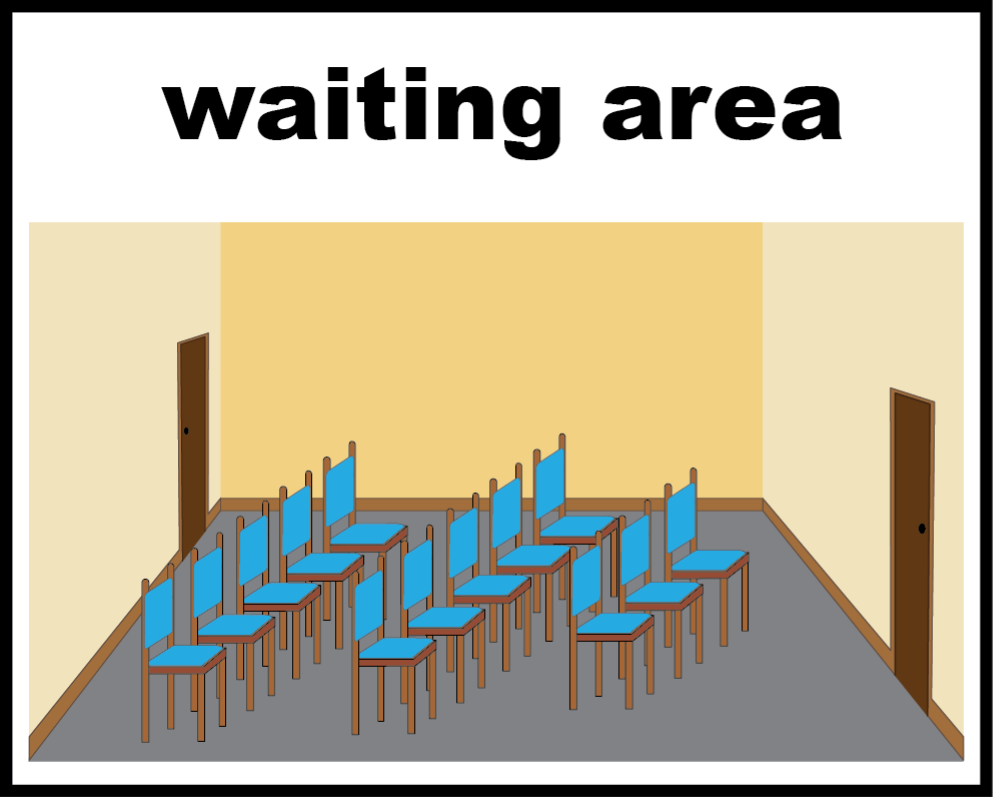 A waiting area of a hospital discharge lounge.