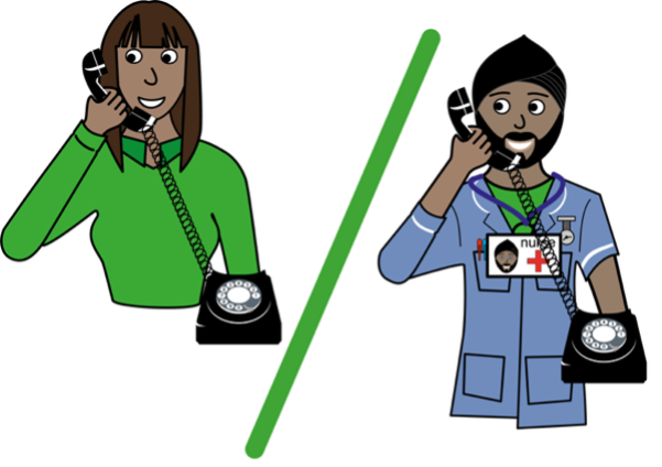 A cartoon of somebody talking to a health worker on the phone