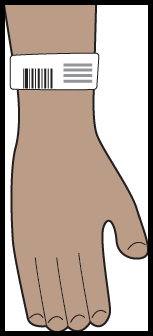 An illustration of a hand with a white hospital wristband.