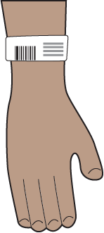 An illustration of a hand with a white hospital wristband.