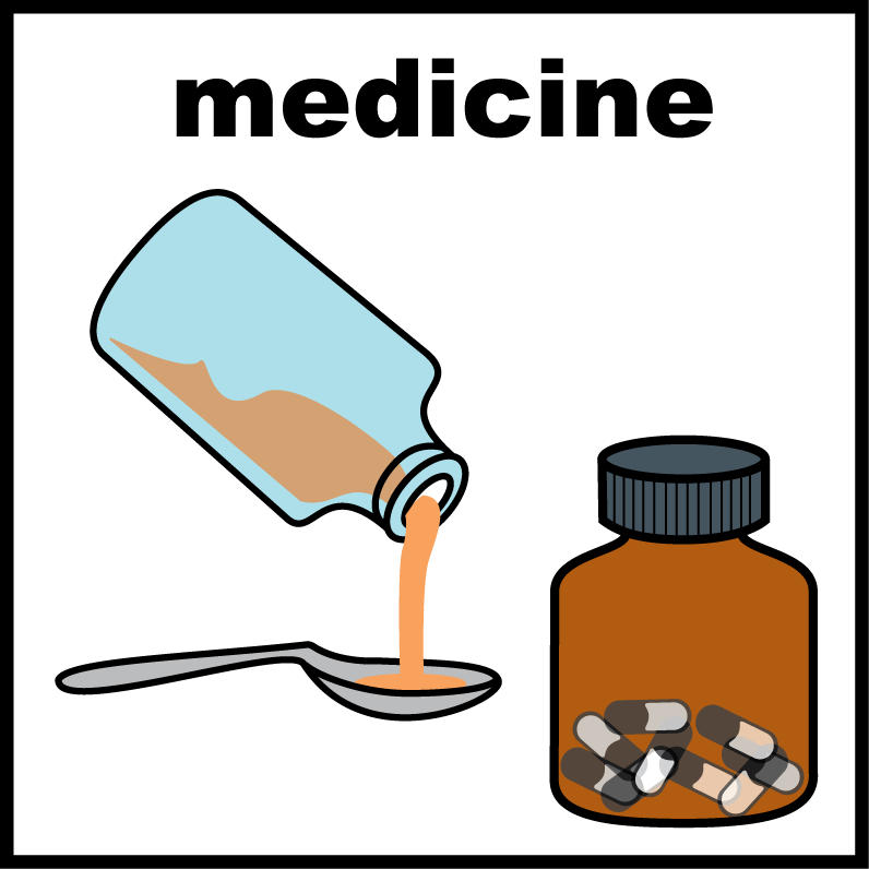 A picture of liquid medicine and a bottle of pills