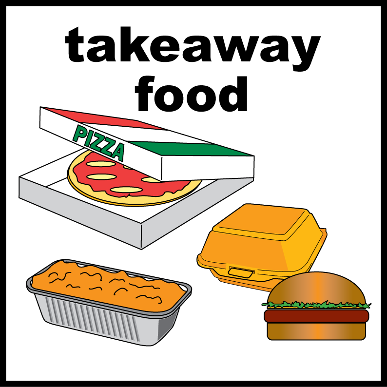 Picture of takeaway food: pizza, burger and curry.