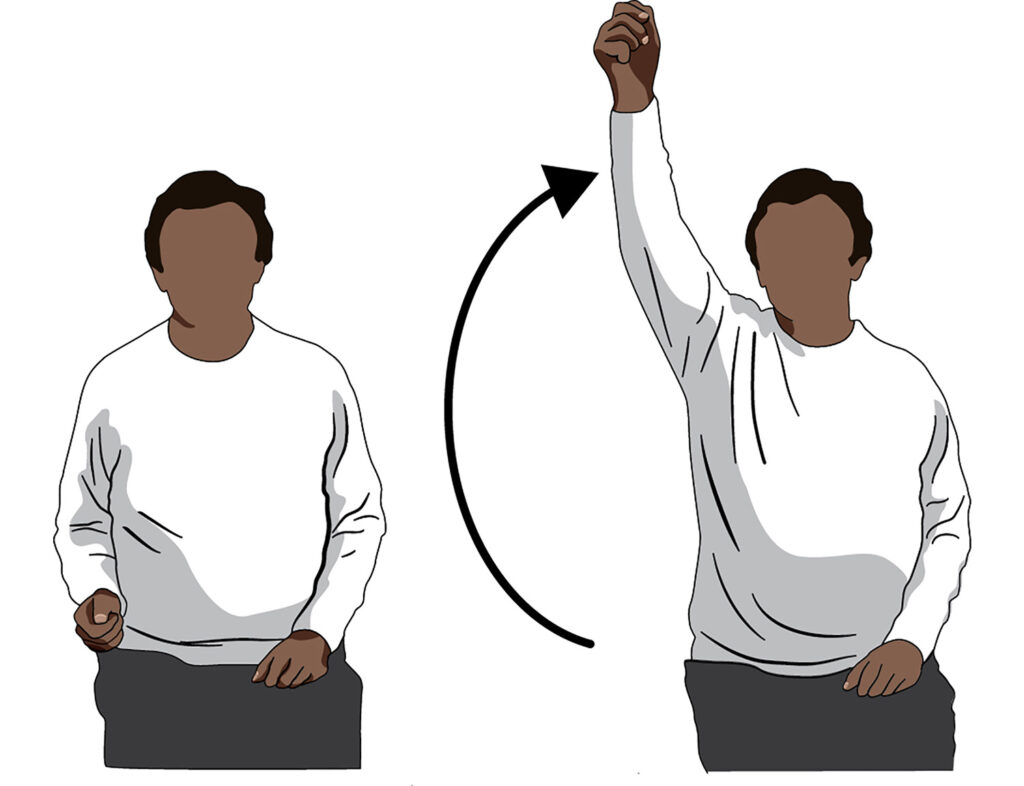 Raising your arm to stretch the shoulder upwards will help relieve stiffness and improve circulation.