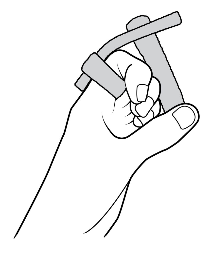Image shows a loose top Velcro strap. The strap around the bottom of the finger stays fastened. Bend your fingertip of the injured finger, towards the palm to try to make a hook.