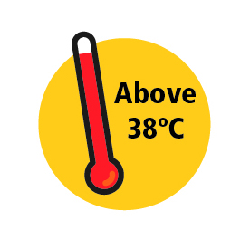 Image of thermometer showing above 38 degrees centigrade to be a high temperature