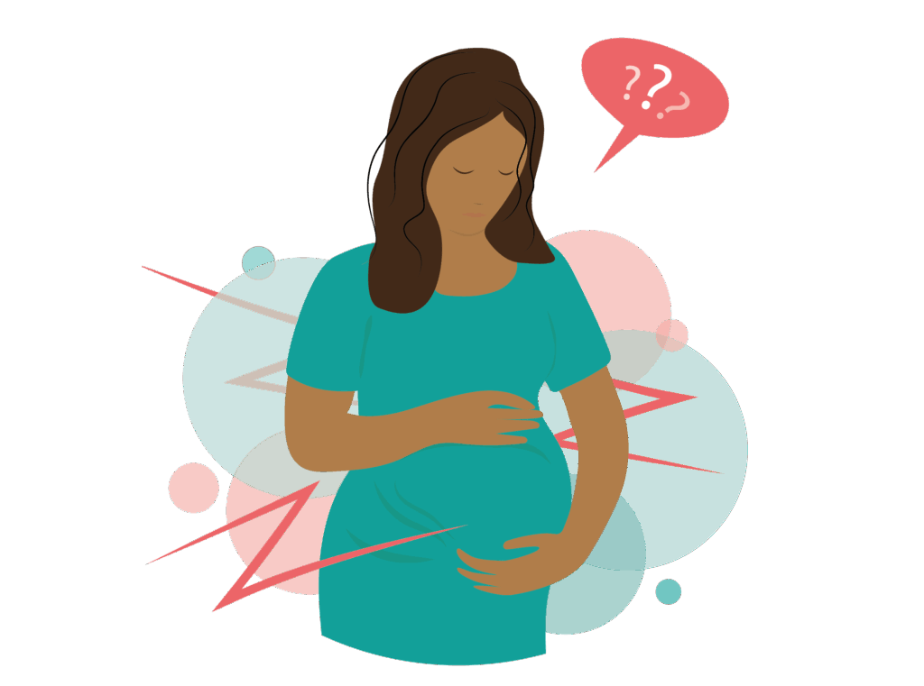 Pregnant lady holding bump, Question mark thought bubble near her head