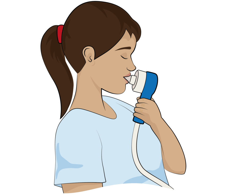 Illustration of a patient using gas and air to help relieve pain.
