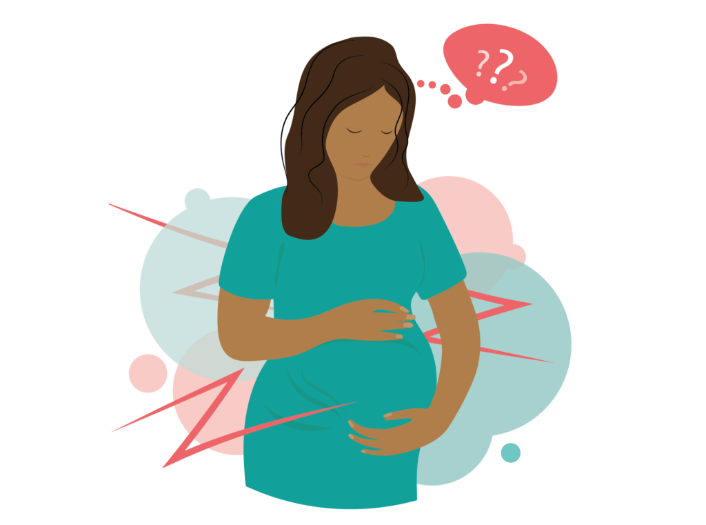 Illustration of pregnant lady holding bump. A thought bubble near her head is full of question marks.