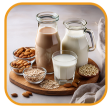 Selection of different milk. example almond, oat and cows milk.